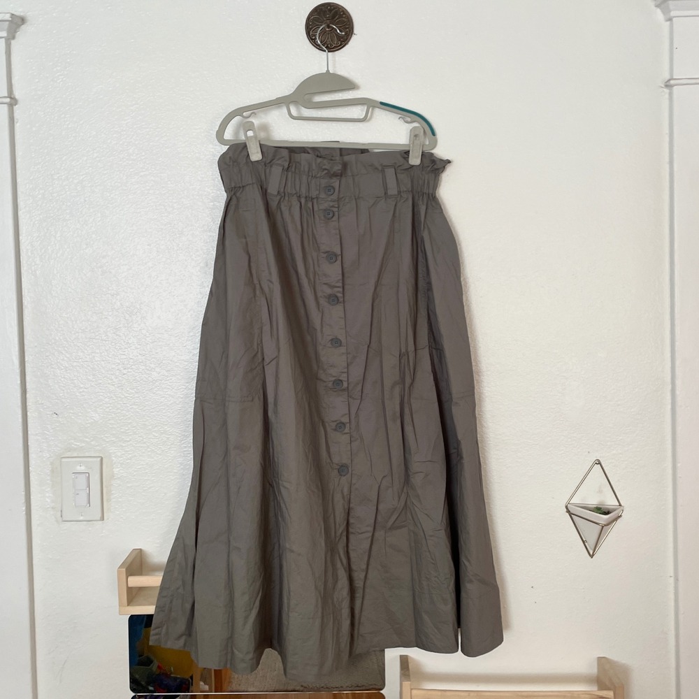 Everlane Grey Cotton Paperbag‎ Waist Button Front Midi Skirt Womens Large Pocket